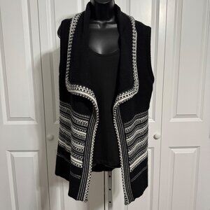 ODDY Womens Sweater M/L Open Front Cardigan Vest Black White Aztec